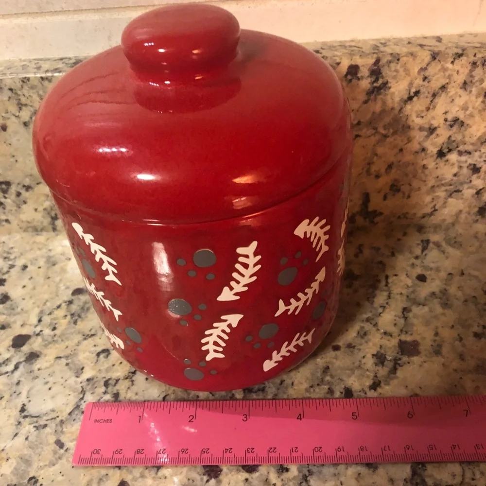 Vintage Waechtersbach Cat Kitty Treat Jar with Lid Red Germany MCM Paw Prints